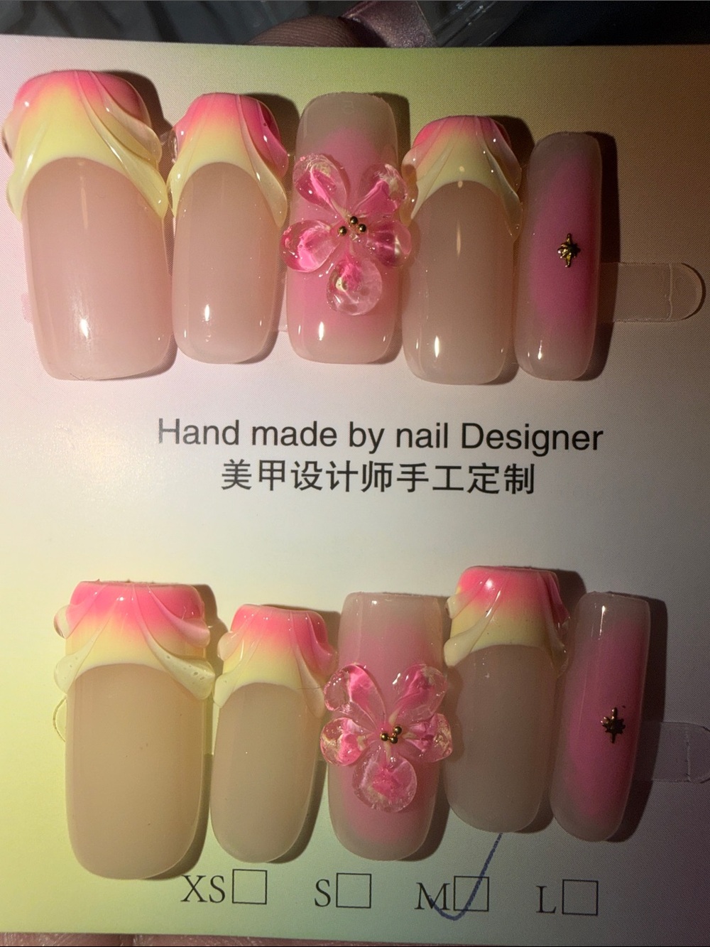 Pink & Yellow Ombre 3D Flower Press-On Nail Set